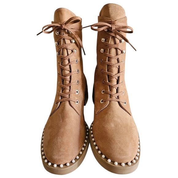 Stuart Weitzman Allie Suede Feminine Casual Leather Pearls Camel Boots Size 8. - Picture 4 of 9